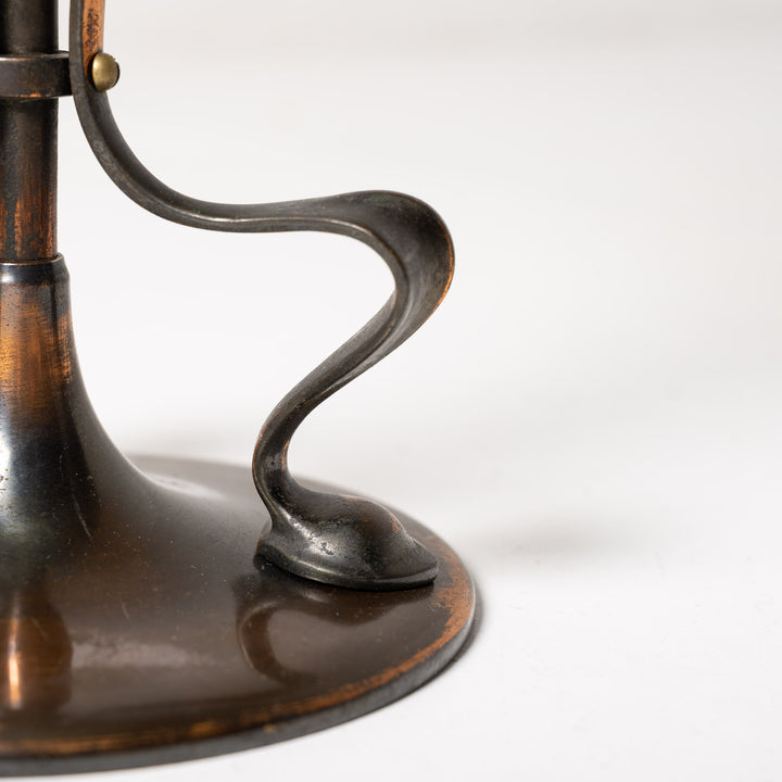 Antique Arts & Crafts Cast Copper Finish Lamp with Rare Straw Vaseline Bell Shade