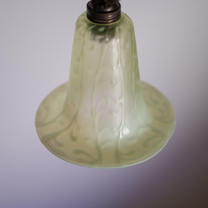 Antique Arts & Crafts Cast Copper Finish Lamp with Rare Straw Vaseline Bell Shade