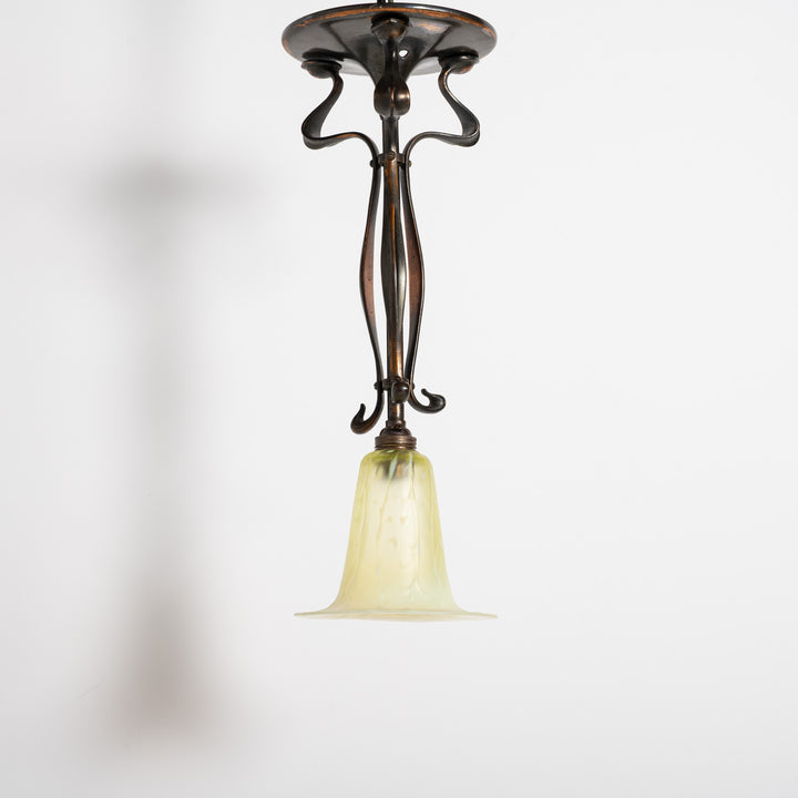 Antique Arts & Crafts Cast Copper Finish Lamp with Rare Straw Vaseline Bell Shade