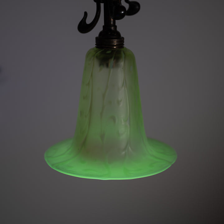 Antique Arts & Crafts Cast Copper Finish Lamp with Rare Straw Vaseline Bell Shade