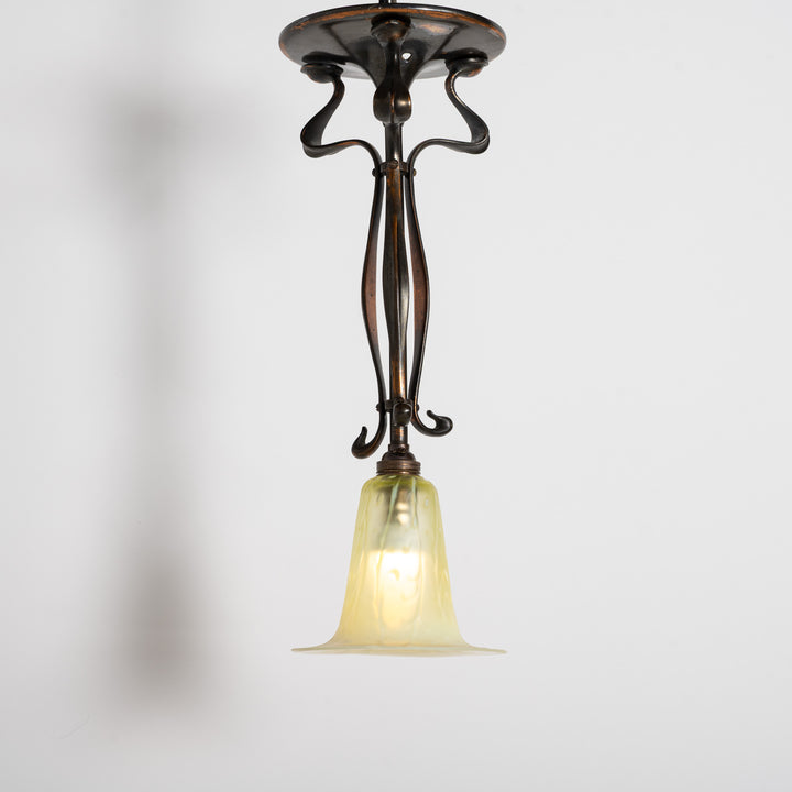 Antique Arts & Crafts Cast Copper Finish Lamp with Rare Straw Vaseline Bell Shade