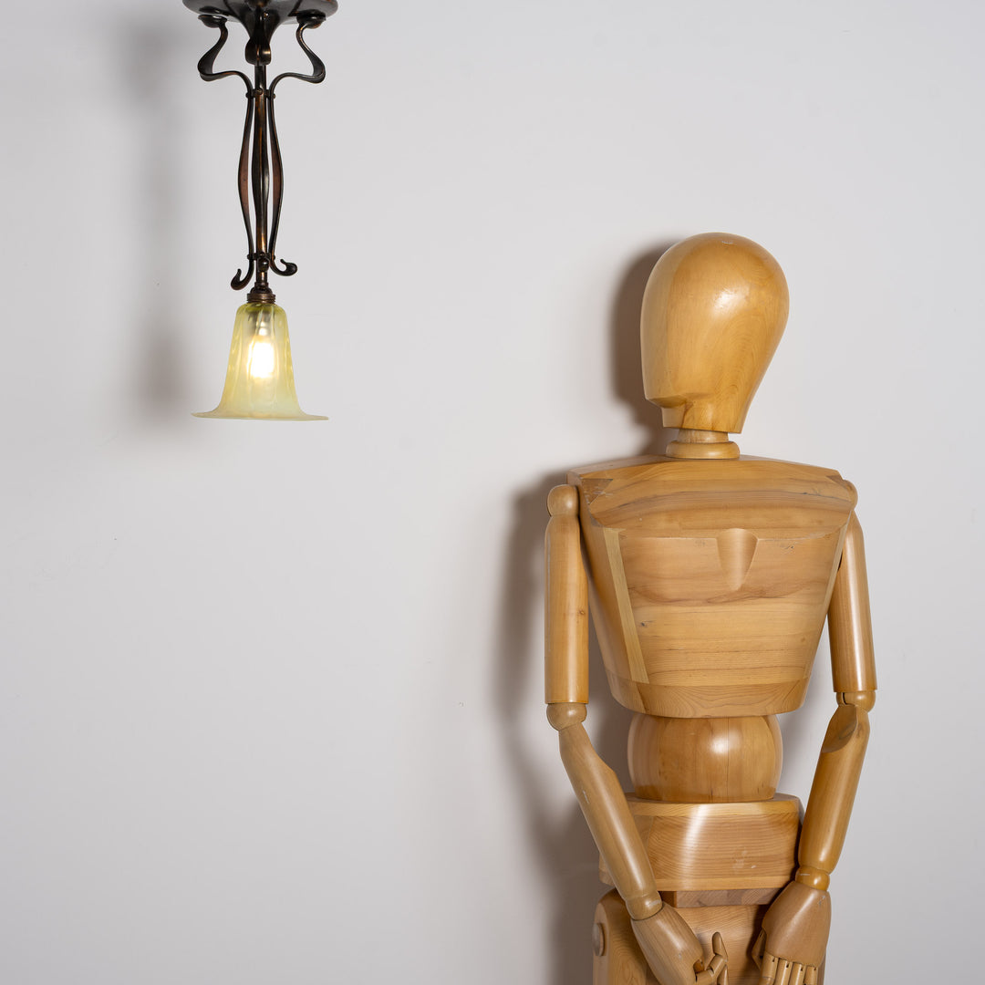 Antique Arts & Crafts Cast Copper Finish Lamp with Rare Straw Vaseline Bell Shade