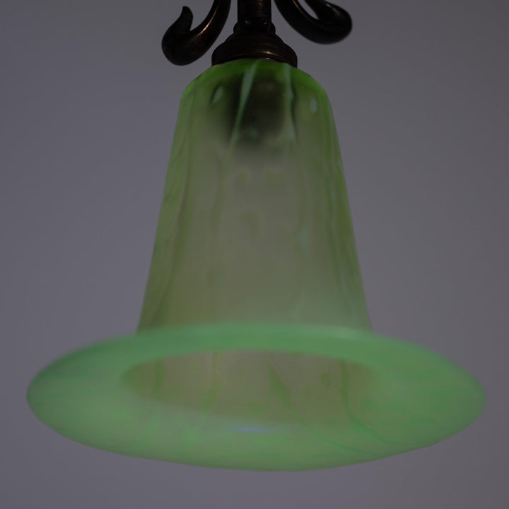 Antique Arts & Crafts Cast Copper Finish Lamp with Rare Straw Vaseline Bell Shade