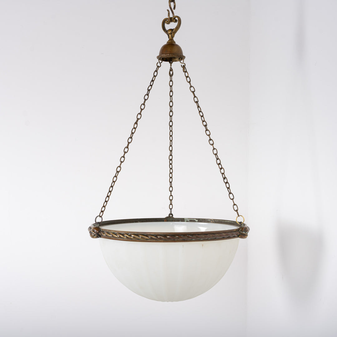 Antique Best & Lloyd Cast Bronze & Moonstone Glass Plafonnier Pendant Light