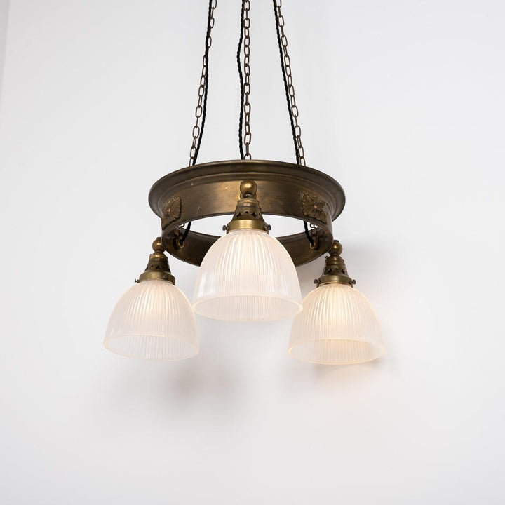 Antique Brass Ring Chandelier with Frosted Holophane Glass Shades by GEC