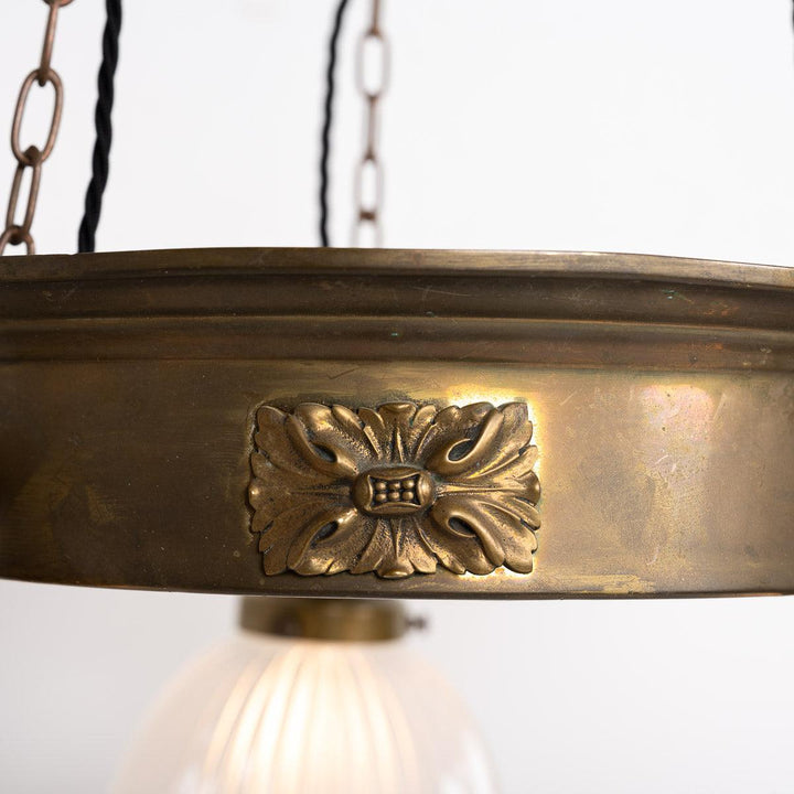 Antique Brass Ring Chandelier with Frosted Holophane Glass Shades by GEC