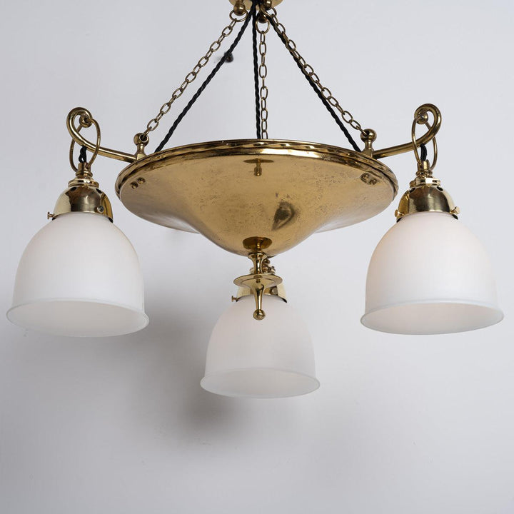 Antique Brass Ring Chandelier with Satin Opaline Glass Shades by GEC