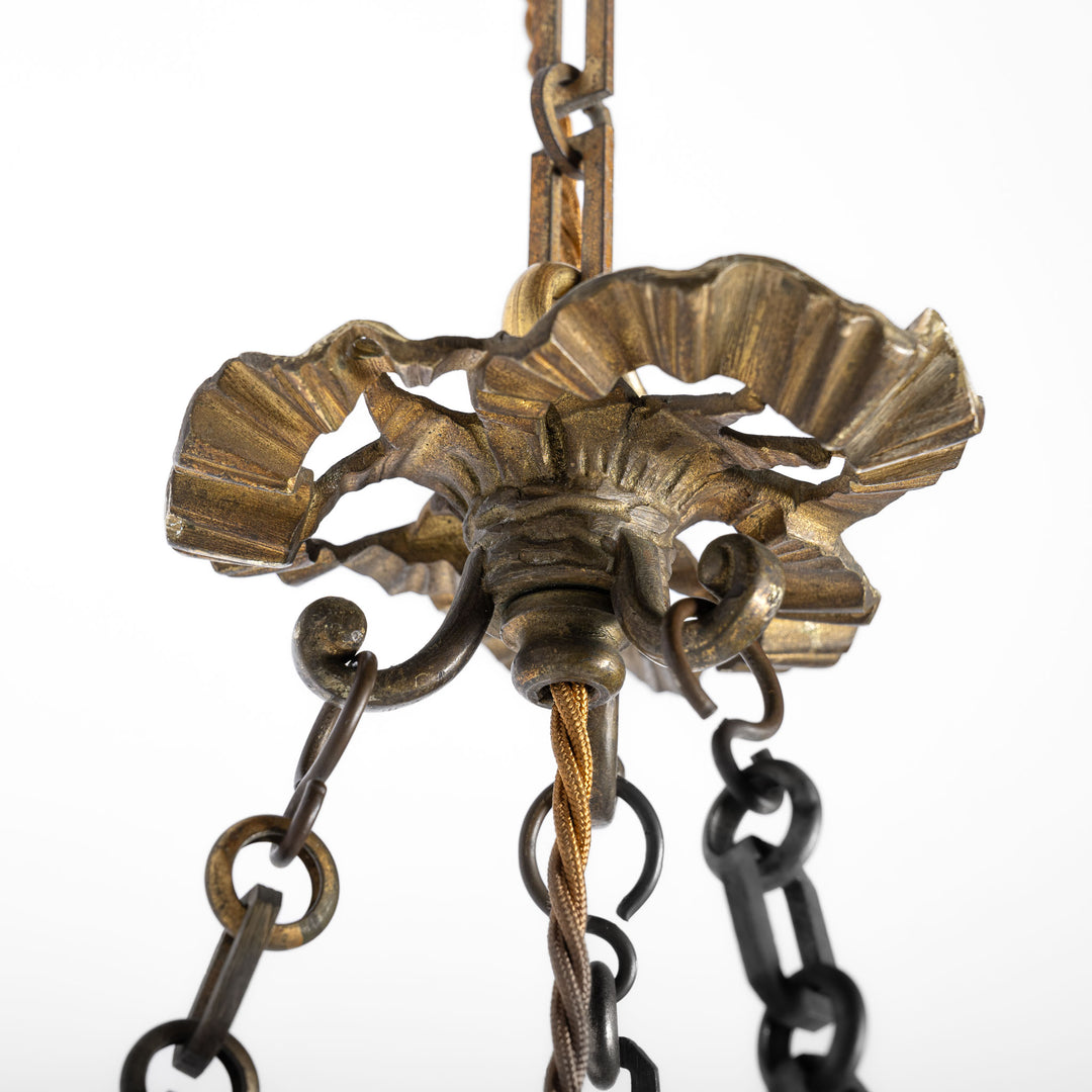 Antique Cast Brass Rams Head Plafonnier by F & C Osler with Satin Crystal Bowl