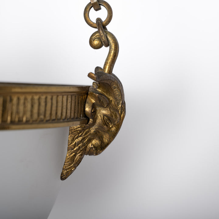 Antique Cast Brass Rams Head Plafonnier by F & C Osler with Satin Crystal Bowl