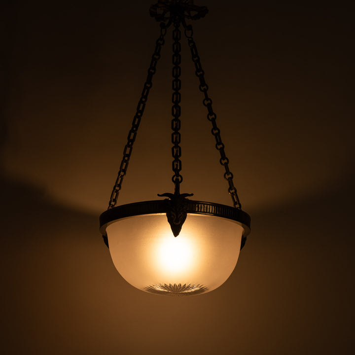 Antique Cast Brass Rams Head Plafonnier by F & C Osler with Satin Crystal Bowl