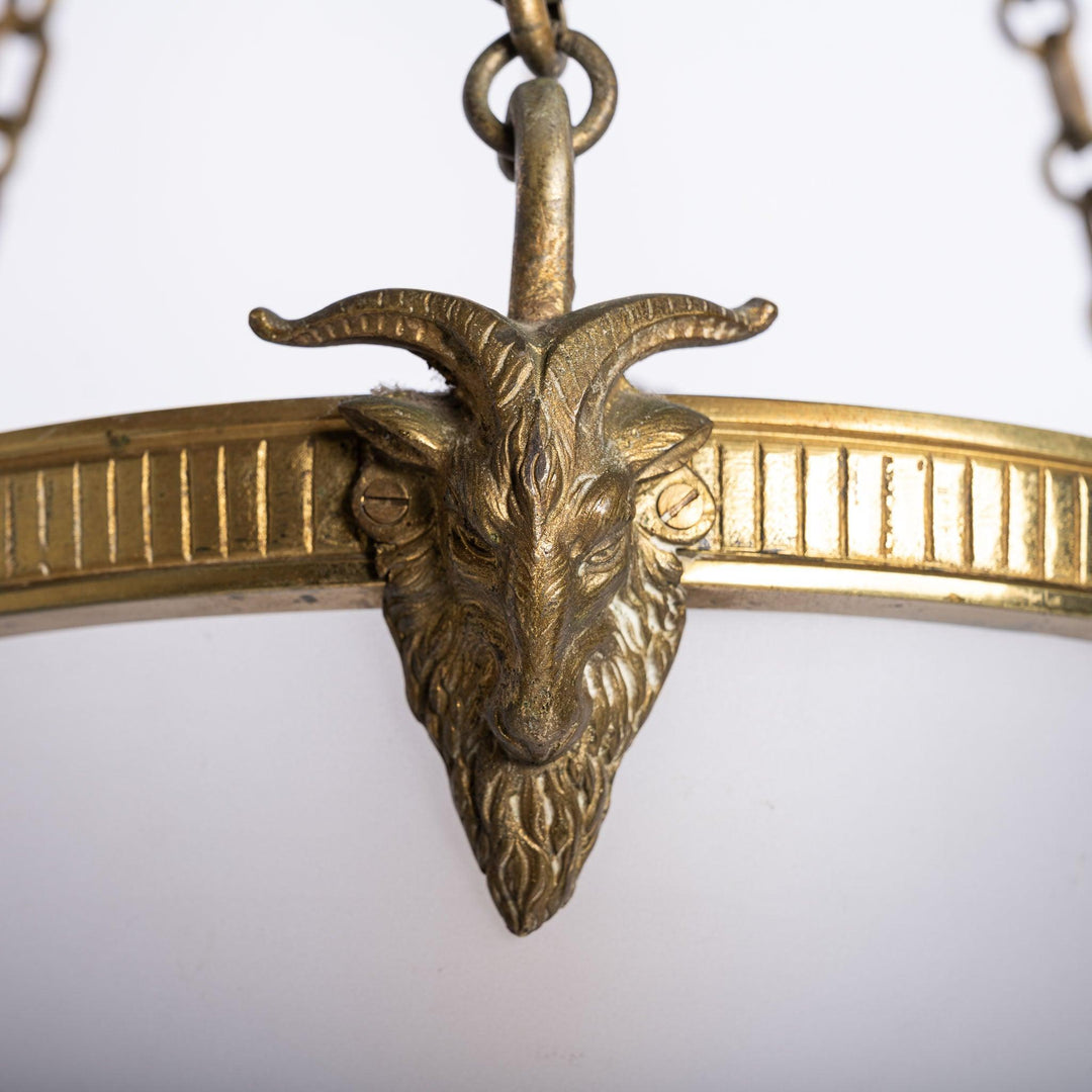 Antique Cast Brass Rams Head Plafonnier by F & C Osler with Satin Crystal Bowl