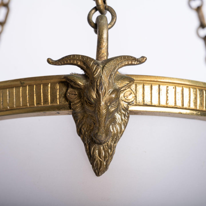 Antique Cast Brass Rams Head Plafonnier by F & C Osler with Satin Crystal Bowl