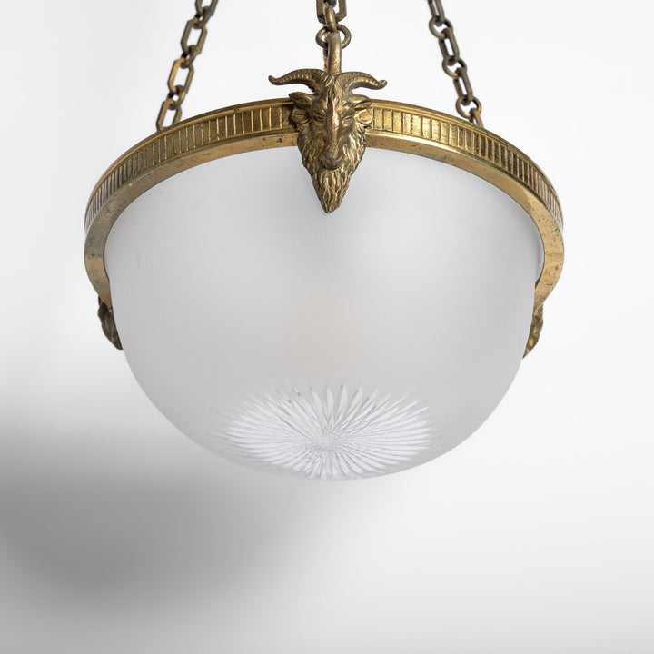 Antique Cast Brass Rams Head Plafonnier by F & C Osler with Satin Crystal Bowl