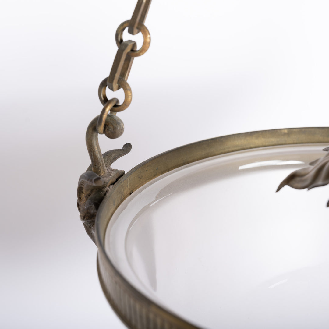 Antique Cast Brass Rams Head Plafonnier by F & C Osler with Satin Crystal Bowl