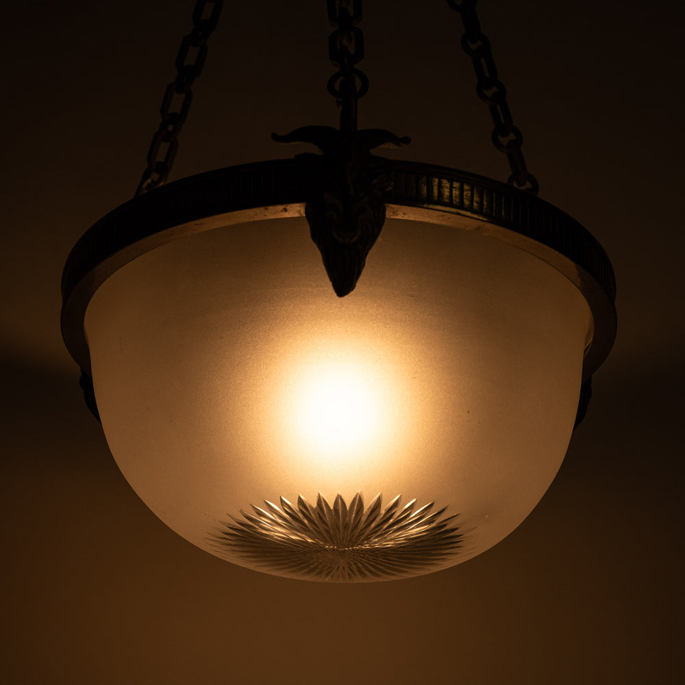 Antique Cast Brass Rams Head Plafonnier by F & C Osler with Satin Crystal Bowl