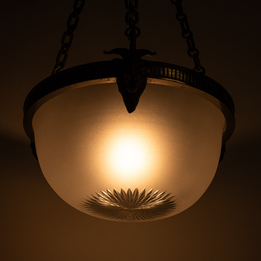 Antique Cast Brass Rams Head Plafonnier by F & C Osler with Satin Crystal Bowl