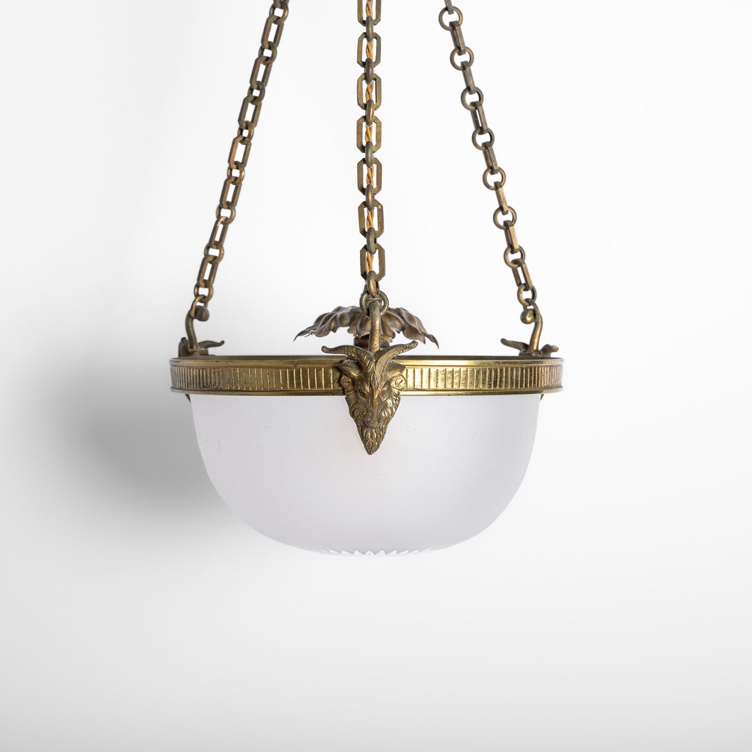 Antique Cast Brass Rams Head Plafonnier by F & C Osler with Satin Crystal Bowl