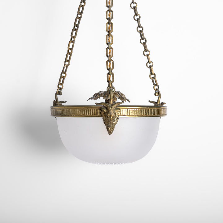 Antique Cast Brass Rams Head Plafonnier by F & C Osler with Satin Crystal Bowl