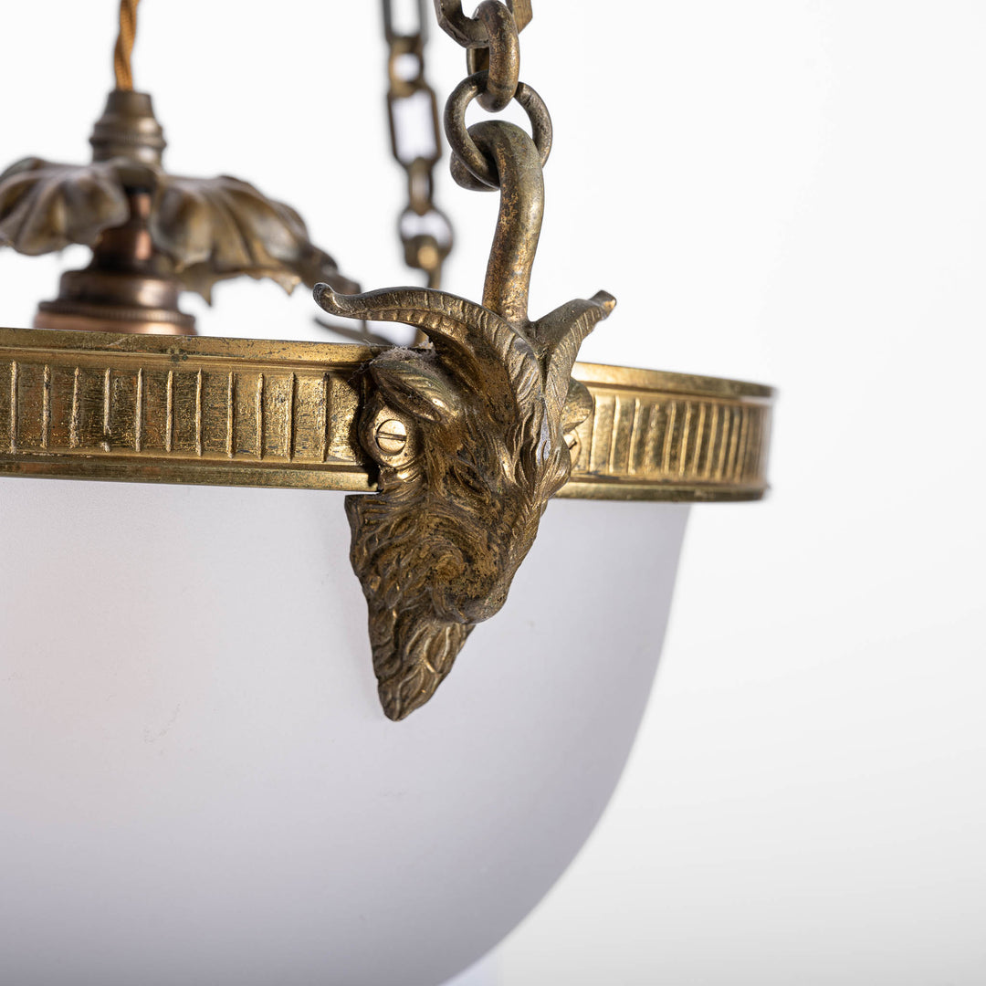 Antique Cast Brass Rams Head Plafonnier by F & C Osler with Satin Crystal Bowl