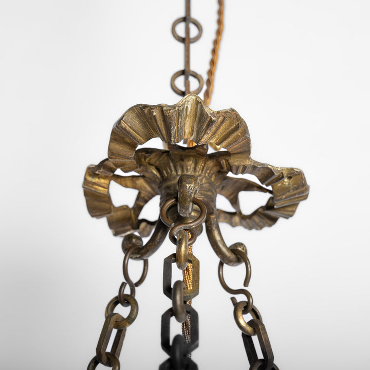 Antique Cast Brass Rams Head Plafonnier by F & C Osler with Satin Crystal Bowl