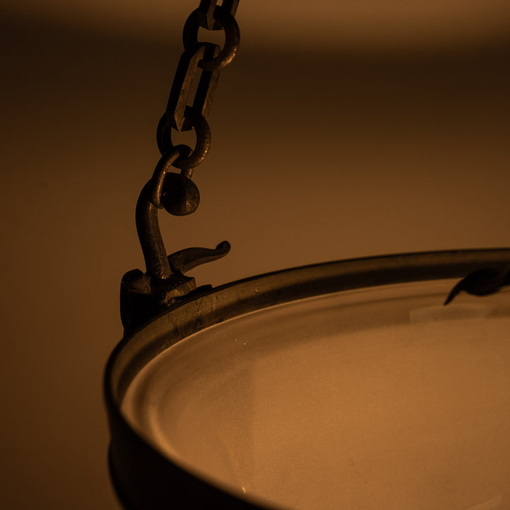 Antique Cast Brass Rams Head Plafonnier by F & C Osler with Satin Crystal Bowl