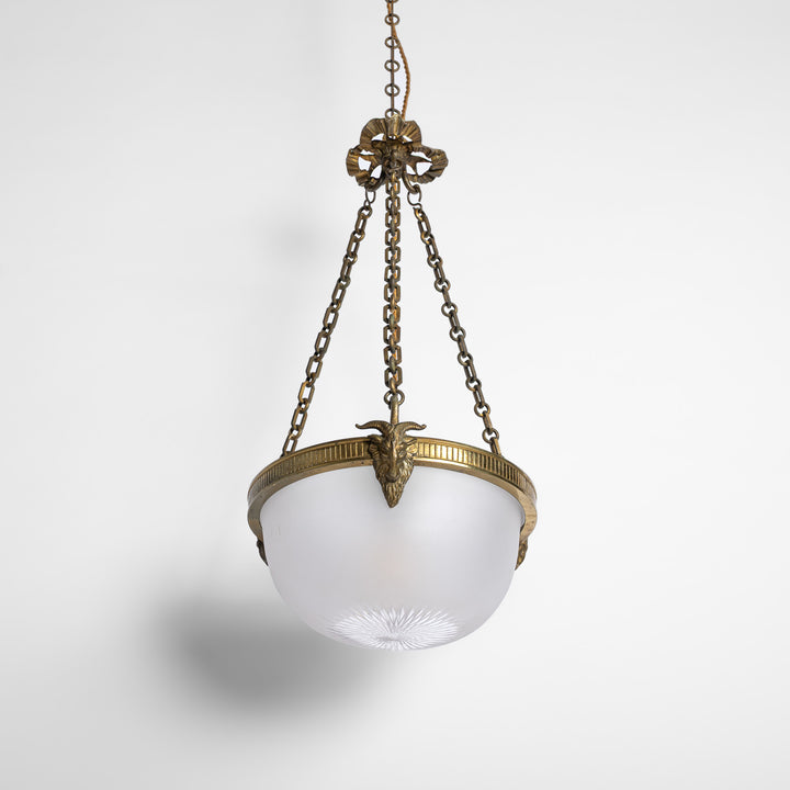 Antique Cast Brass Rams Head Plafonnier by F & C Osler with Satin Crystal Bowl