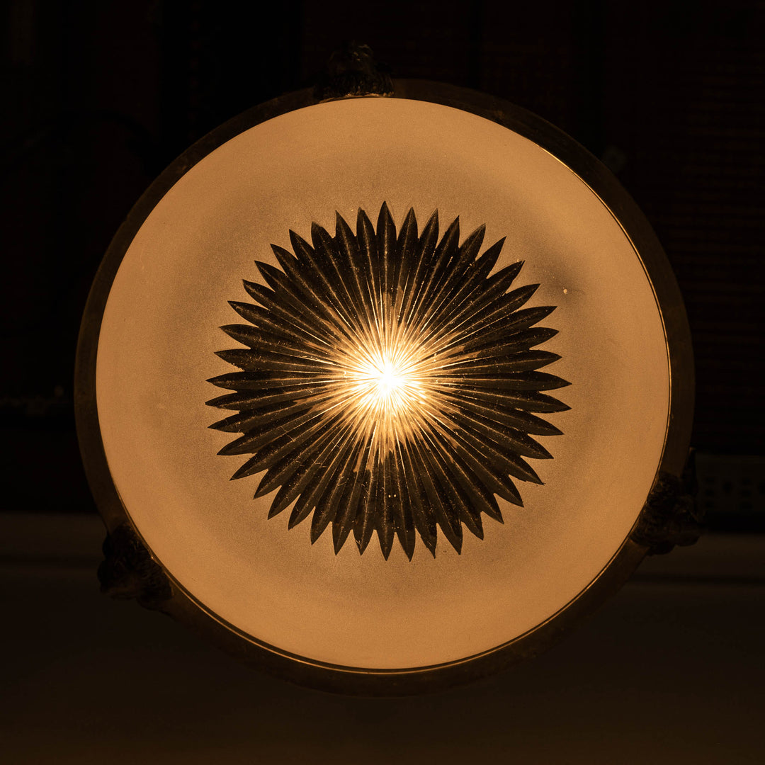 Antique Cast Brass Rams Head Plafonnier by F & C Osler with Satin Crystal Bowl