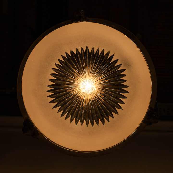 Antique Cast Brass Rams Head Plafonnier by F & C Osler with Satin Crystal Bowl