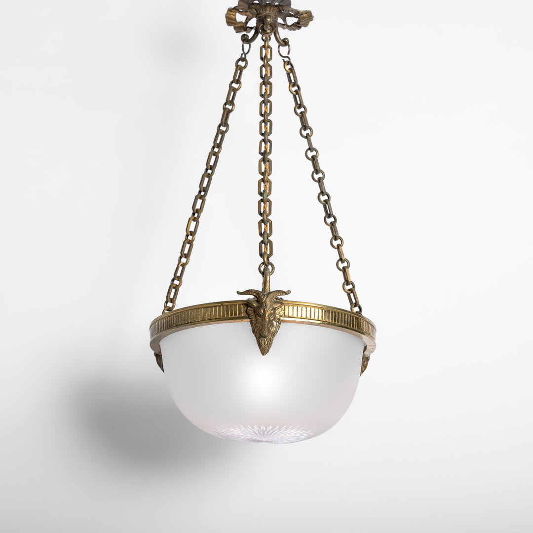 Antique Cast Brass Rams Head Plafonnier by F & C Osler with Satin Crystal Bowl