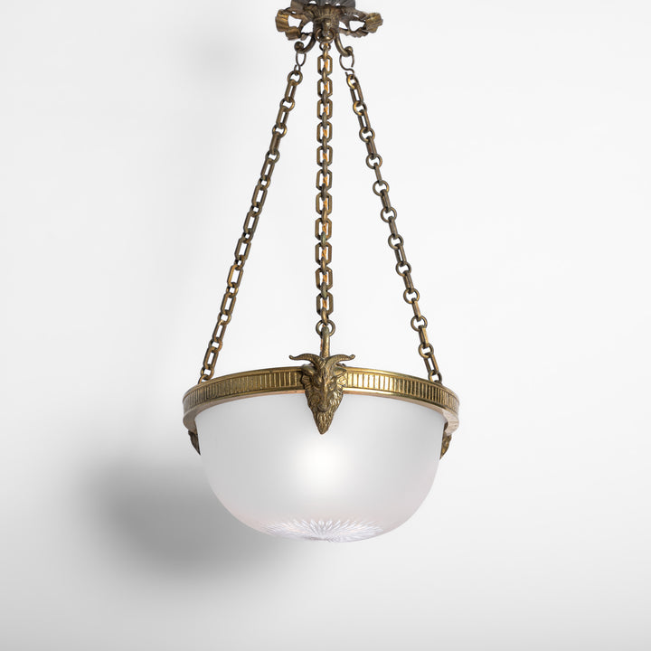 Antique Cast Brass Rams Head Plafonnier by F & C Osler with Satin Crystal Bowl