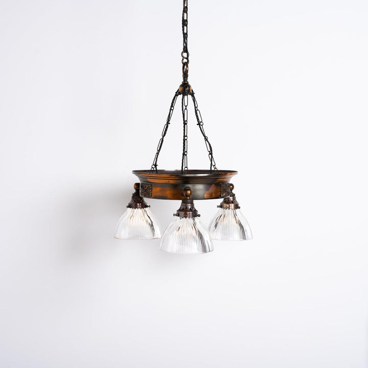 Antique Copper Ring Chandelier with Prismatic Holophane Glass Shades by GEC