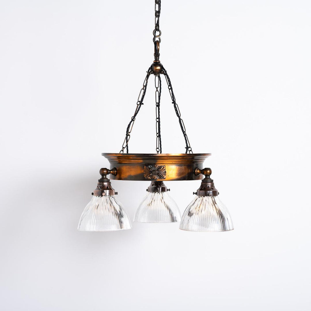 Antique Copper Ring Chandelier with Prismatic Holophane Glass Shades by GEC