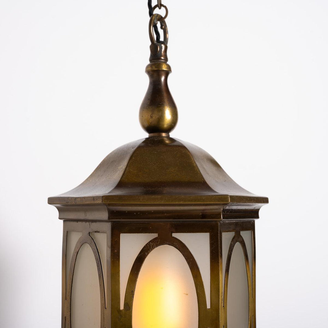 Antique Decorative Hexagonal Brass & Frosted Glass Hall Lantern by GEC