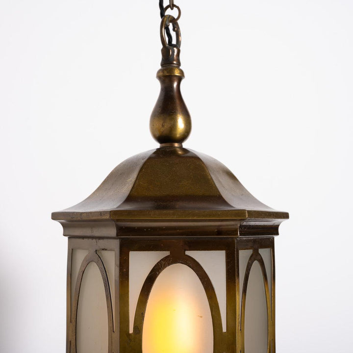 Antique Decorative Hexagonal Brass & Frosted Glass Hall Lantern by GEC
