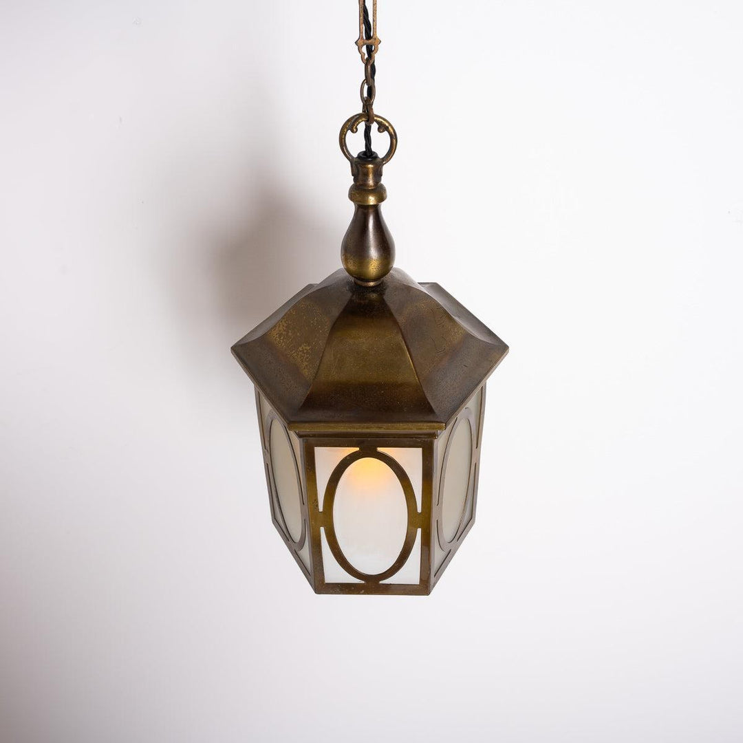 Antique Decorative Hexagonal Brass & Frosted Glass Hall Lantern by GEC