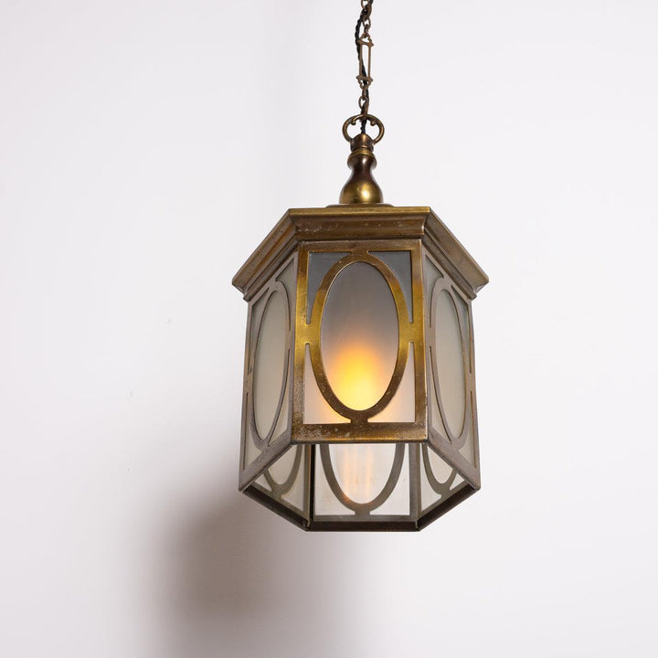Antique Decorative Hexagonal Brass & Frosted Glass Hall Lantern by GEC