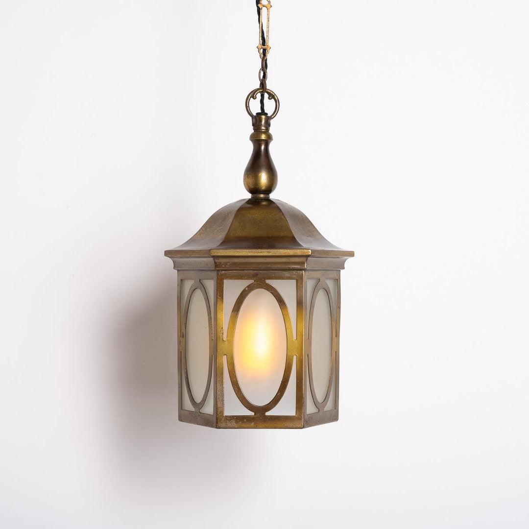 Antique Decorative Hexagonal Brass & Frosted Glass Hall Lantern by GEC