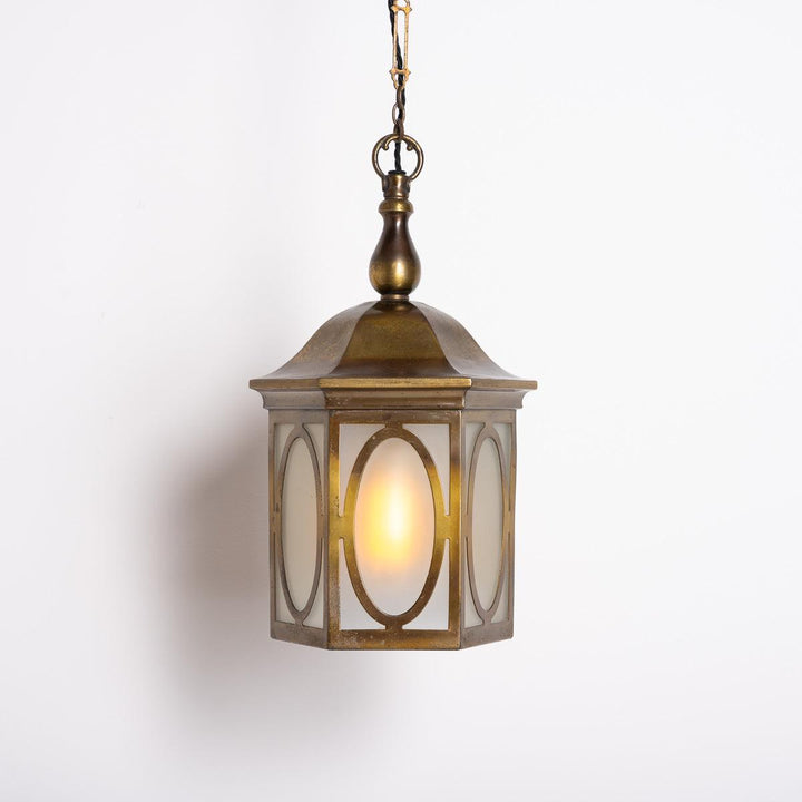 Antique Decorative Hexagonal Brass & Frosted Glass Hall Lantern by GEC