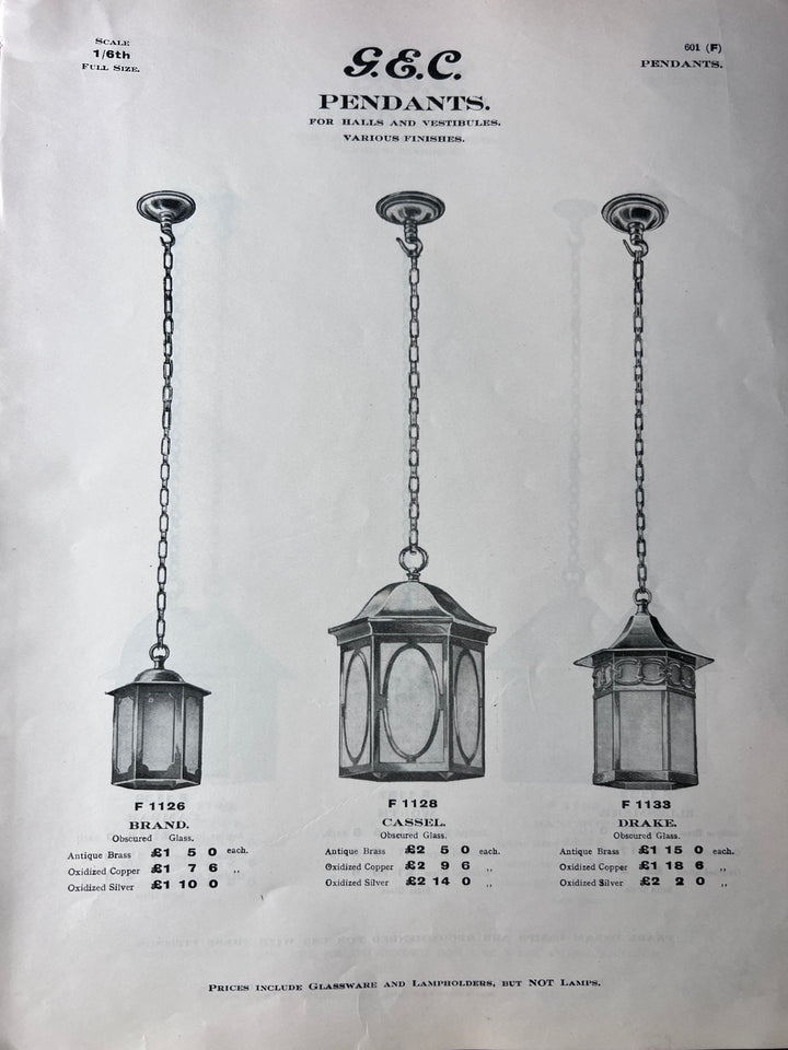 Antique Decorative Hexagonal Brass & Frosted Glass Hall Lantern by GEC