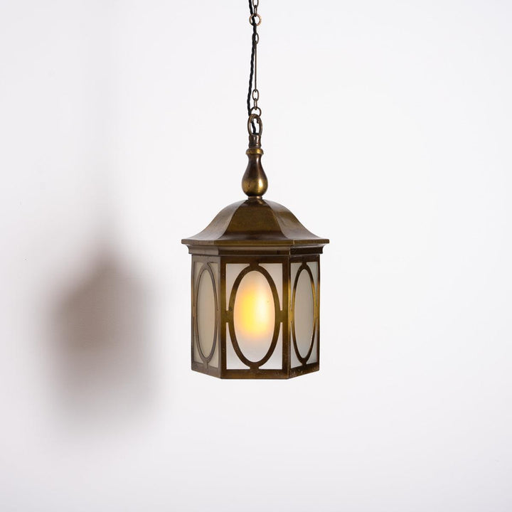 Antique Decorative Hexagonal Brass & Frosted Glass Hall Lantern by GEC