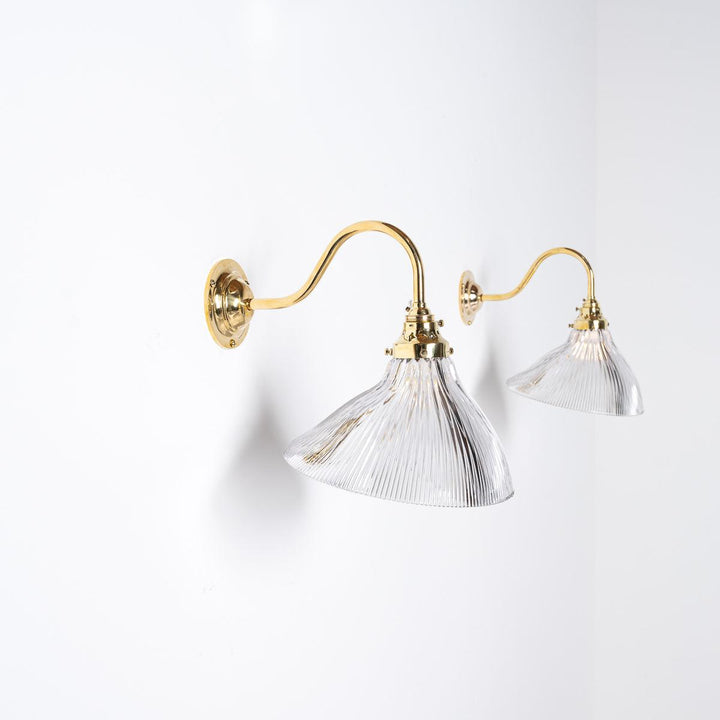 Antique Holophane Angled Prismatic Glass Wall Lights on Polished Brass Brackets