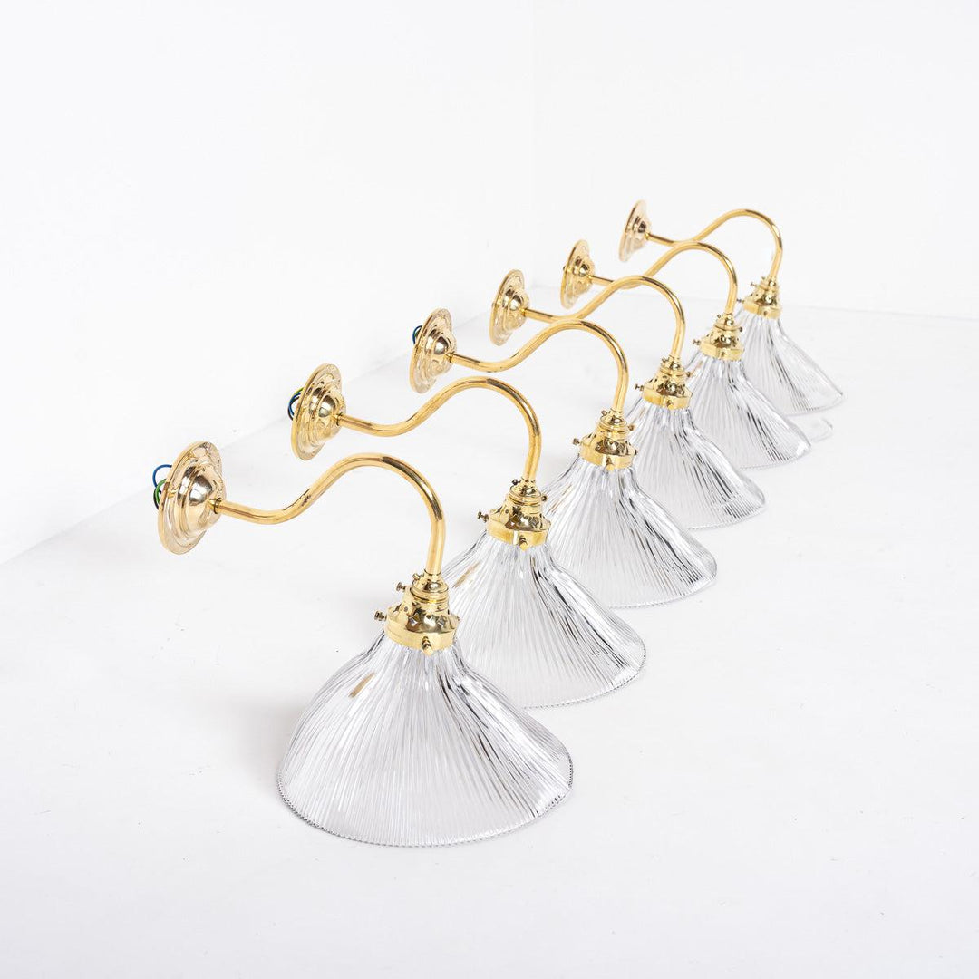 Antique Holophane Angled Prismatic Glass Wall Lights on Polished Brass Brackets