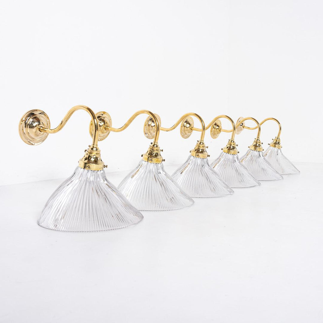 Antique Holophane Angled Prismatic Glass Wall Lights on Polished Brass Brackets