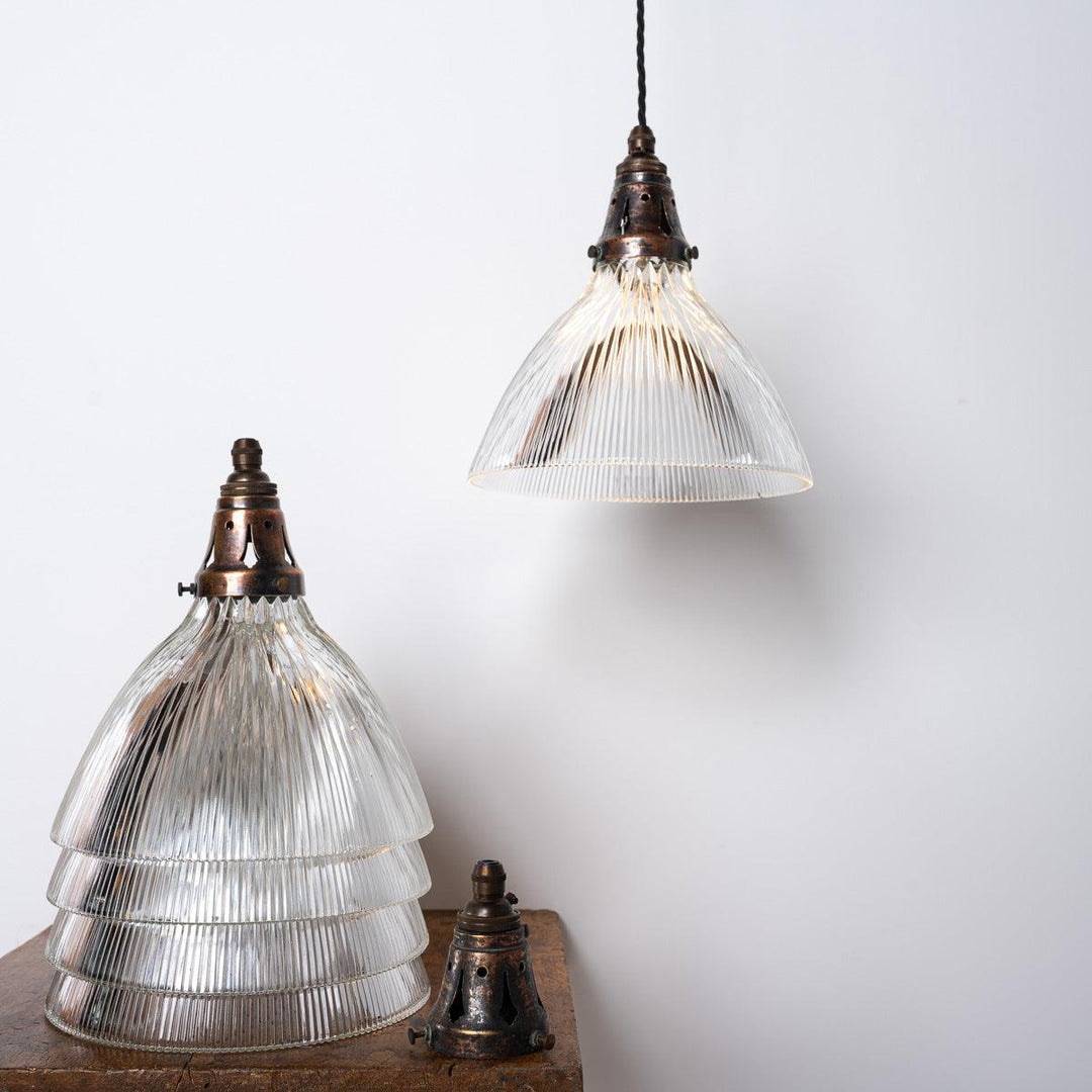 Antique Holophane Pendant Lights with Original Brass Fittings