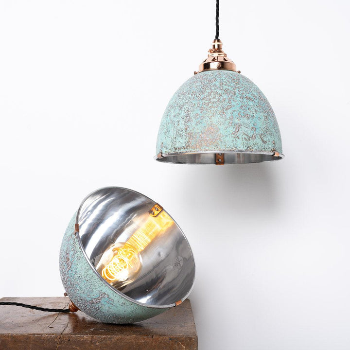 Antique Holophane Verdigris Coppered Aluminium Pendant Lights