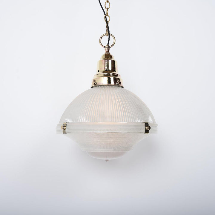 Antique Holophane XL Three Part Pendant Light with Polished Brass Fittings