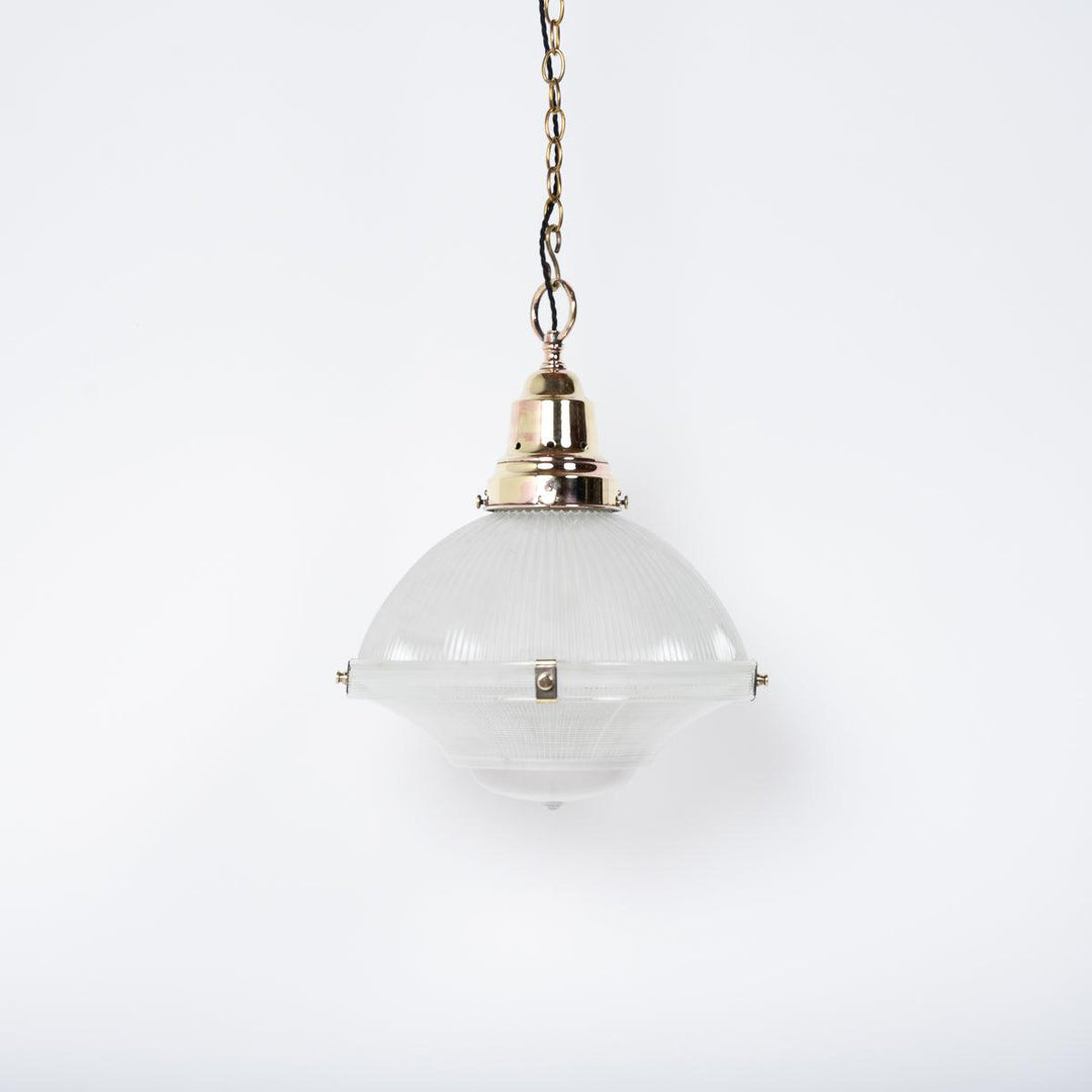 Antique Holophane XL Three Part Pendant Light with Polished Brass Fittings