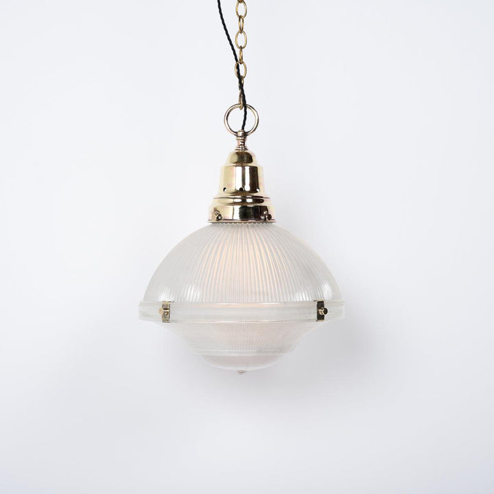 Antique Holophane XL Three Part Pendant Light with Polished Brass Fittings