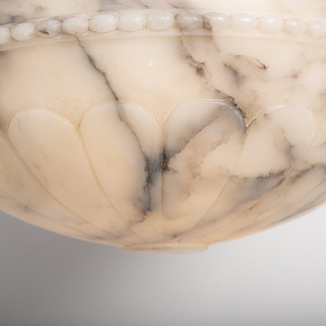 Antique Monumental Hand Carved Alabaster Plafonnier in Cast Bronze Ring