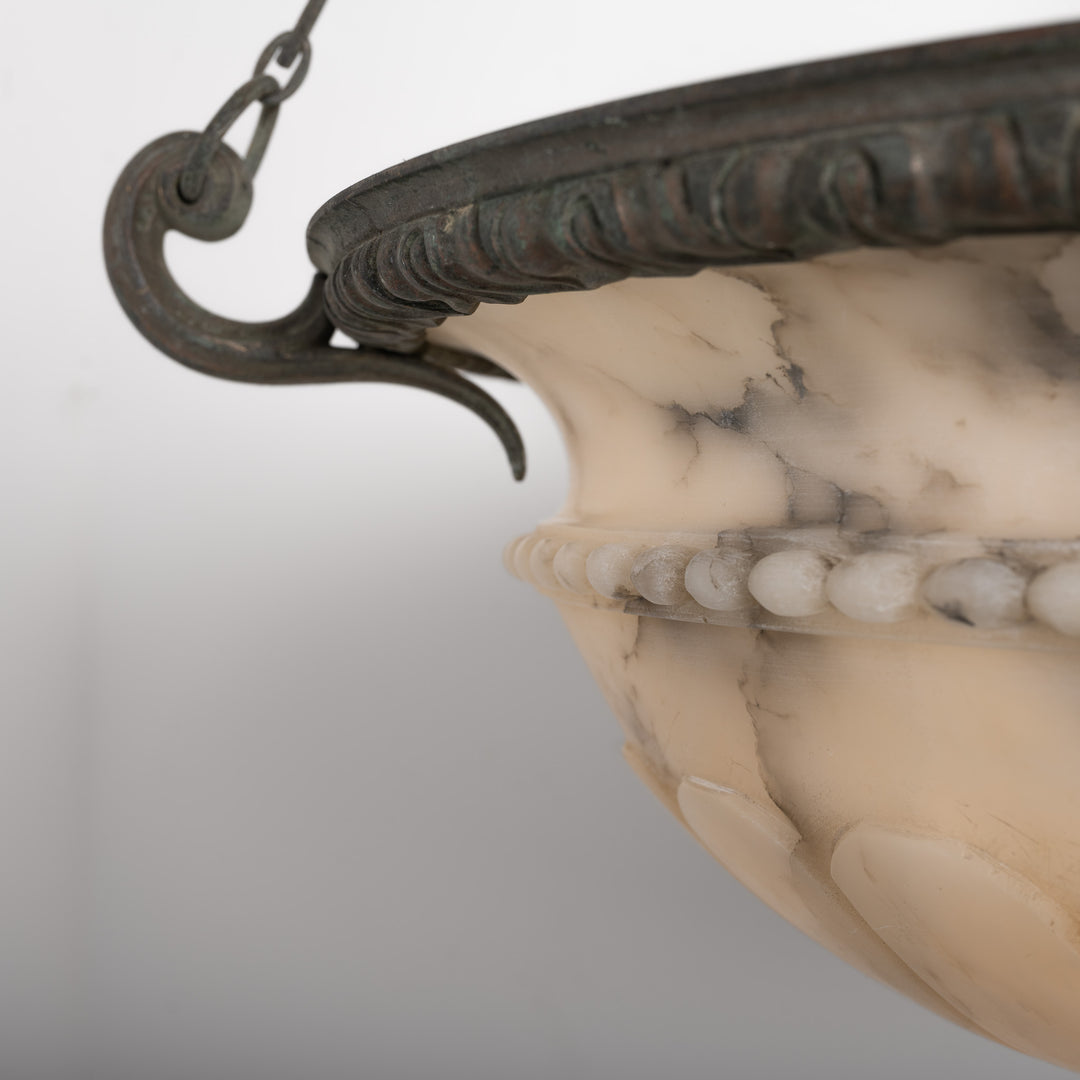 Antique Monumental Hand Carved Alabaster Plafonnier in Cast Bronze Ring